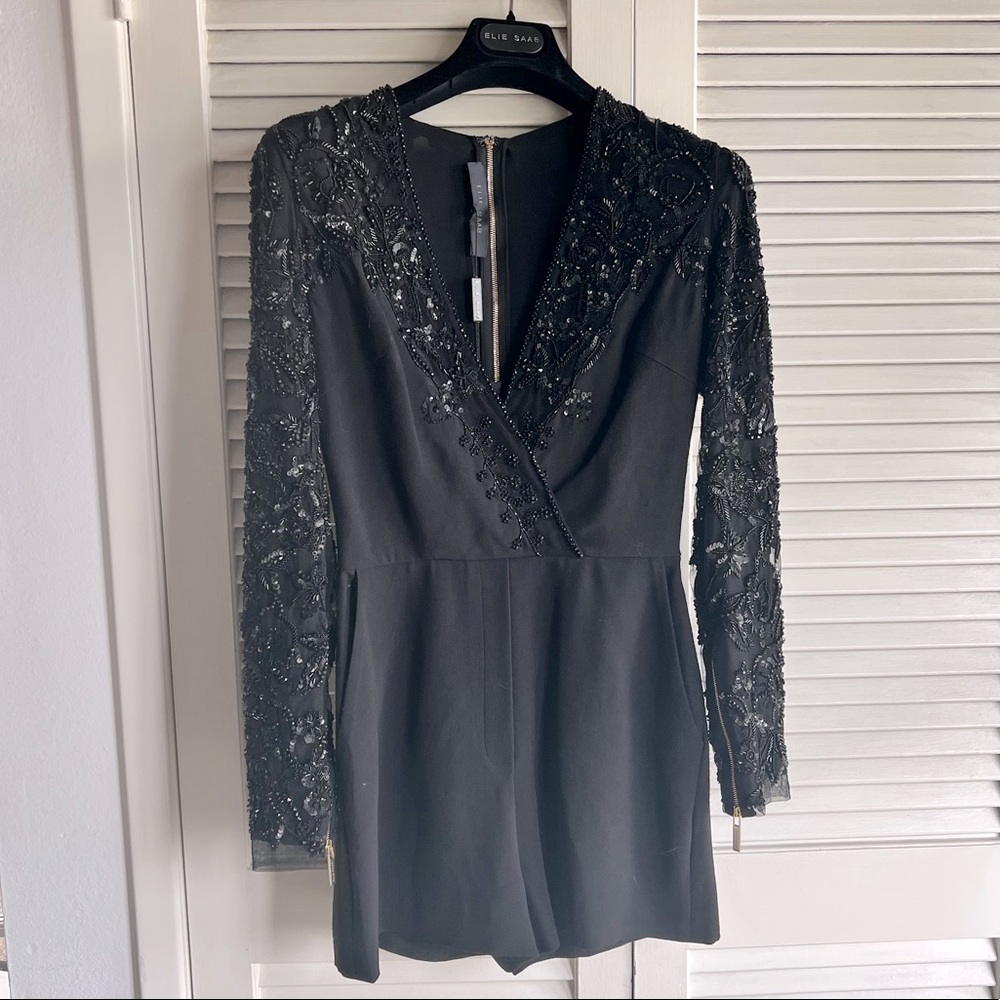Elie Saab Black Embellished Long Sleeve Romper